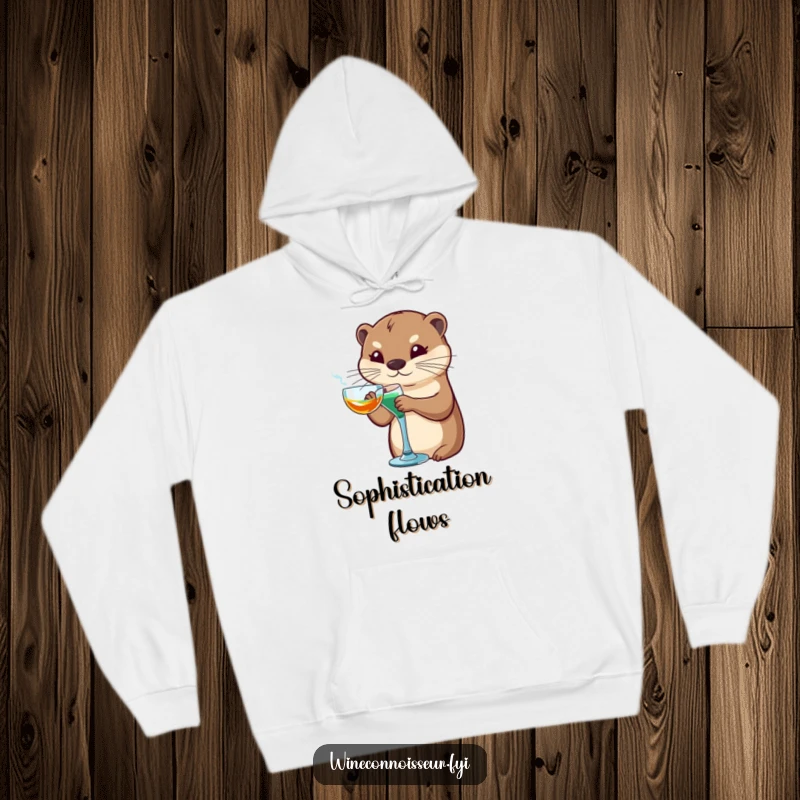 Funny otter hoodie featuring a sophisticated otter character artfully swirling a glass, offering cozy elegance and refined style.