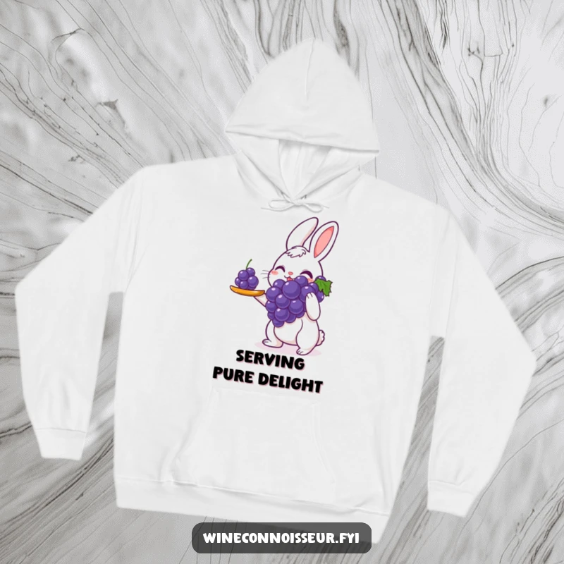 Funny hoodie showcasing a delighted rabbit server with exceptional care presenting a single perfect grape, offering warmth and humorous charm for relaxed moments.