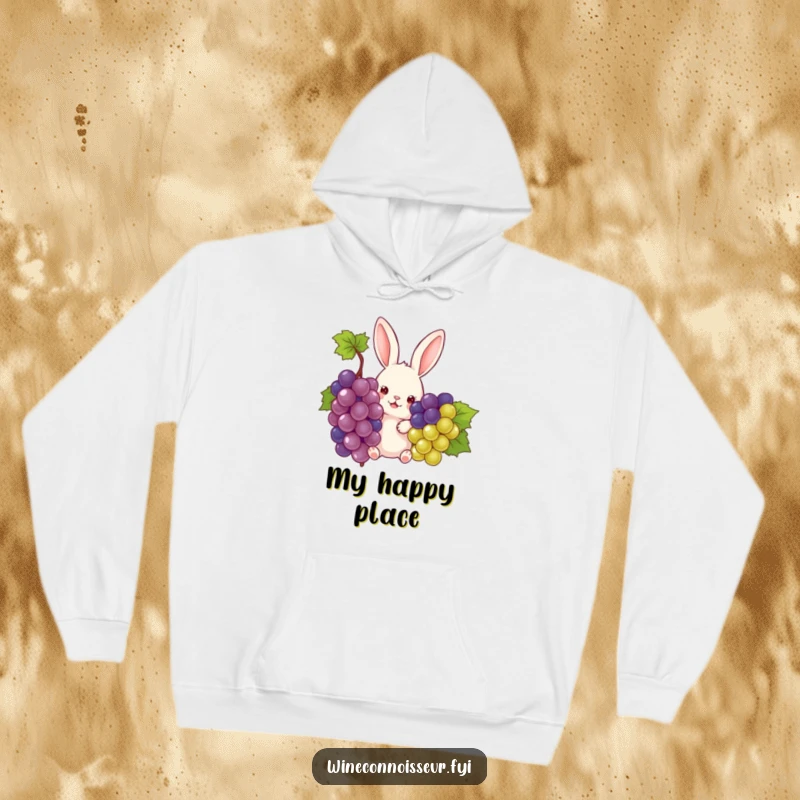 Funny rabbit peeking from grapes on a cozy hoodie, showcasing a playful and humorous illustration for a funny gift.