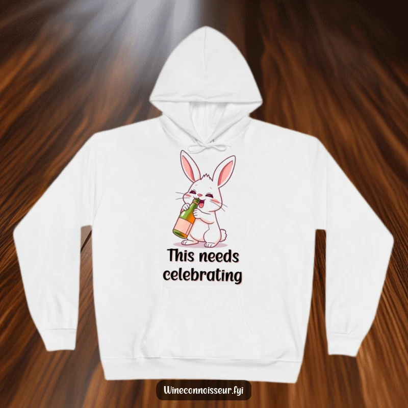 Funny rabbit character uncorking a mini wine bottle, featured on a warm, humorous hoodie ready for any party.