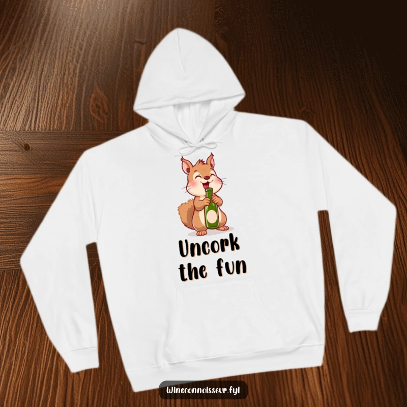 Funny hoodie featuring an excited kawaii squirrel uncorking a miniature bottle, providing cozy and spirited humor.