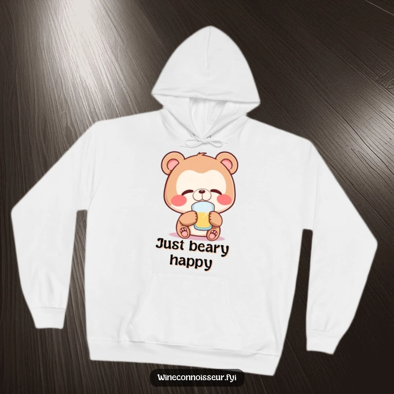 Funny bear hoodie featuring a joyful bear character with eyes closed, peacefully savoring a sip, ideal for cozy relaxation.