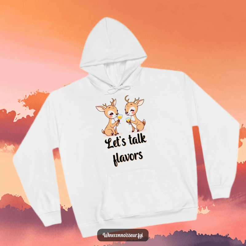 Funny hoodie featuring kawaii deer enthusiastically discussing tasting notes, offering cozy friendship humor.