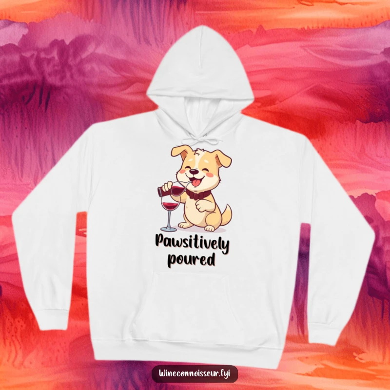 Funny hoodie depicting a cheerful dog pouring wine from a decanter with a flourish, offering cozy sophistication and humor.