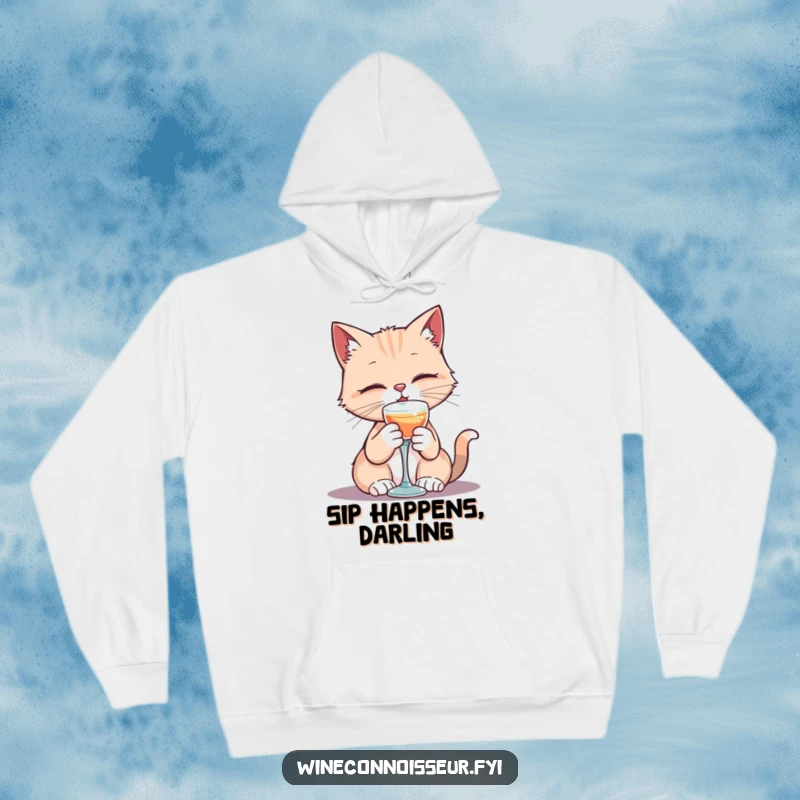 Funny hoodie featuring a kawaii cat elegantly sipping from a tiny goblet, offering cozy, sophisticated humor.