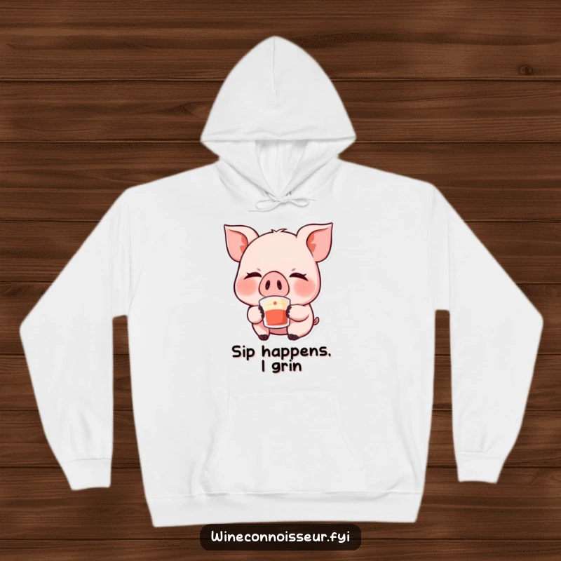 Funny Kawaii Pig Hoodie: A cute, giggling pig character with eyes shut appears to be savoring a delightful sip, perfect for cozy laughs.