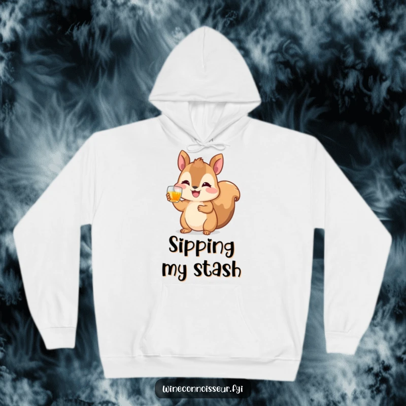 Funny hoodie showing a happy squirrel character raising a tiny glass of amber liquid, offering warm, celebratory humor.