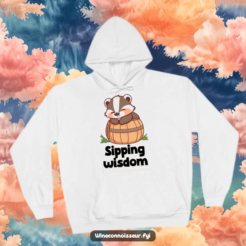Funny hoodie with a wise badger lounging on a barrel with a satisfied expression, perfect for cozy contemplation.