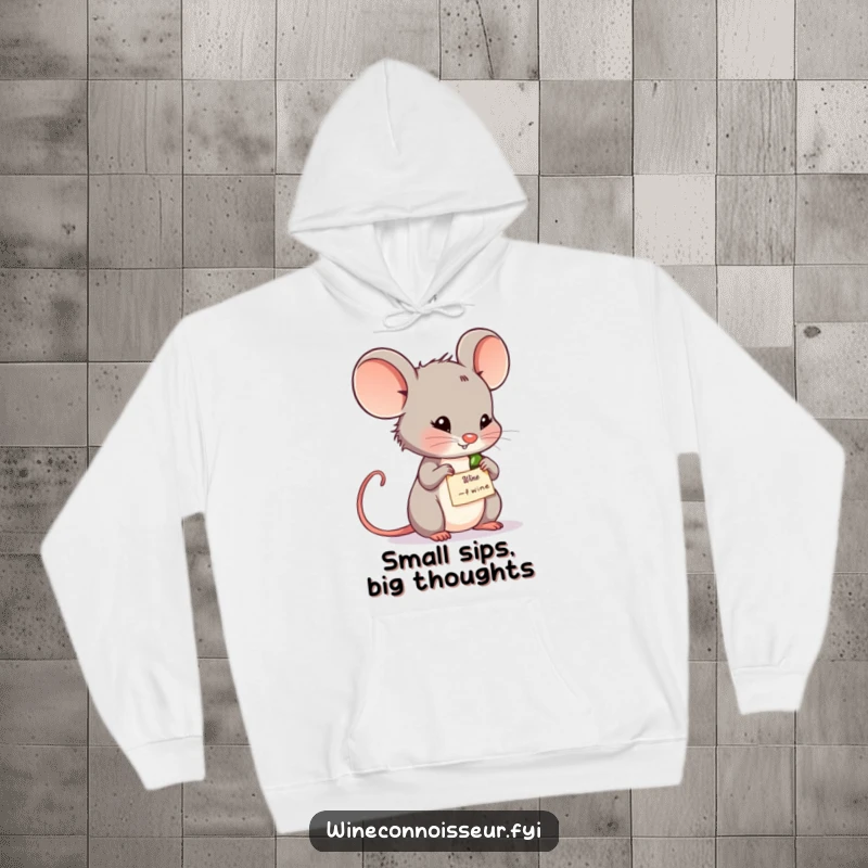 Funny wine mouse hoodie featuring a contemplative mouse examining a wine label. Warm and humorous for relaxing moments.