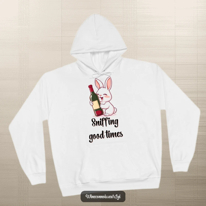 Funny hoodie depicting a giggling rabbit with a delighted expression, joyfully sniffing a wine bottle, offering cozy humor.