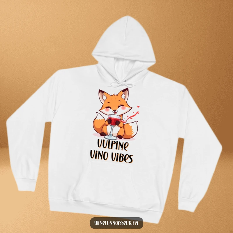 Funny hoodie depicting a smiling fox carefully swirling a goblet of red liquid, offering cozy sophistication and humor.