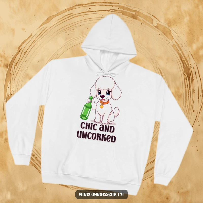 Funny white poodle hoodie, elegant pose, gesturing towards a drink, warm and stylish, a perfect funny gift for poodle parents.