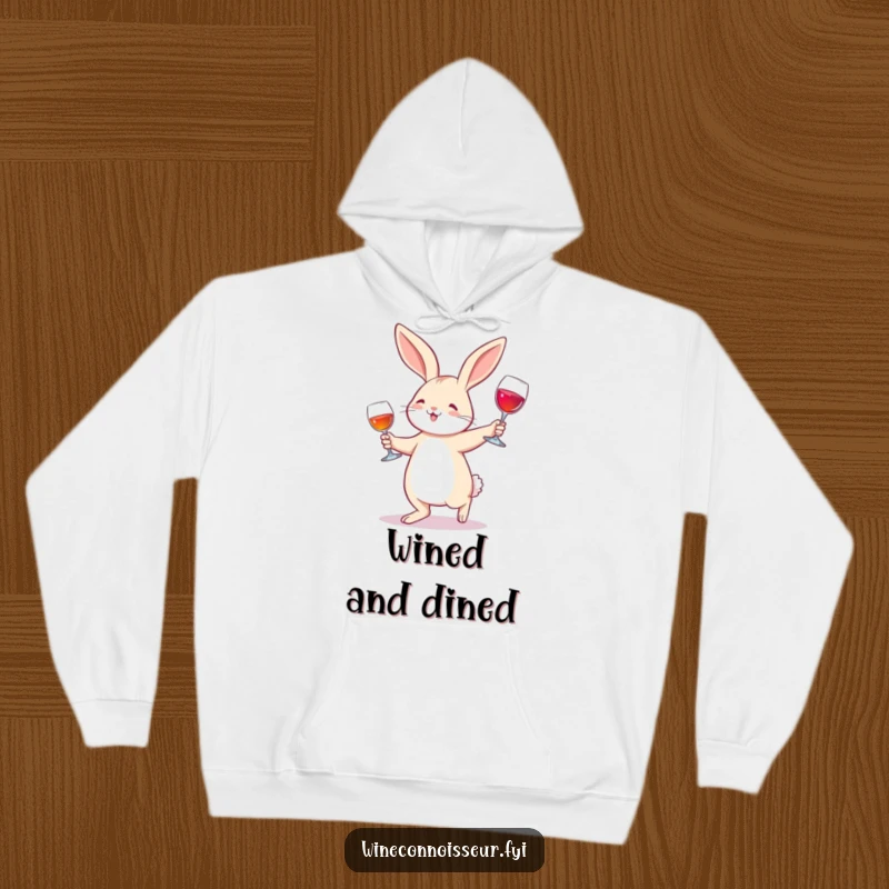 Funny Hoodie: A joyful rabbit waltzing with a wine glass, offering cozy comfort and a spirited dose of cartoon merriment.
