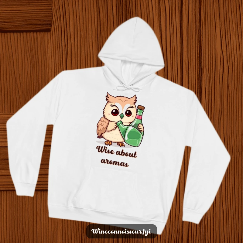 Funny hoodie featuring a playful owl meticulously sniffing a bottle with a thoughtful expression, blending comfort with intellectual humor.