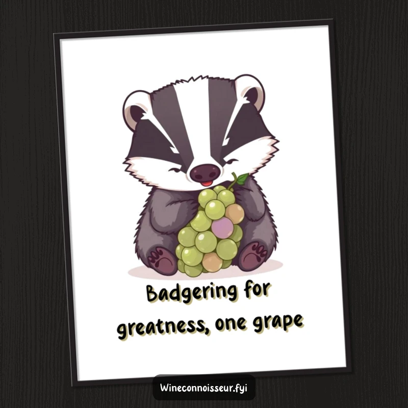 Funny Free Printable Wall Art depicting a determined badger examining a grape with extreme concentration, adding quirky charm to any room.