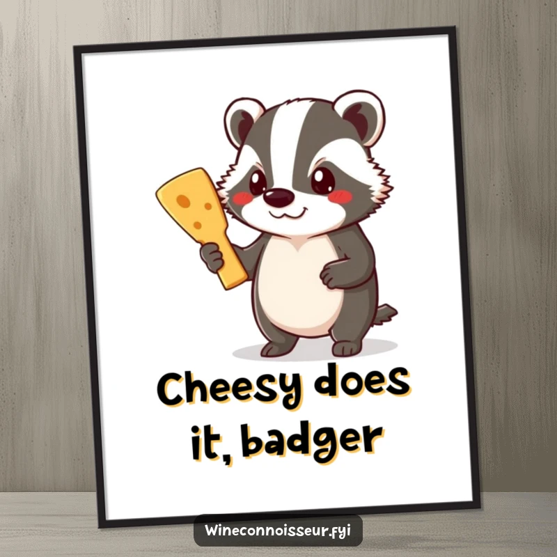 Funny Free Printable Wall Art: A determined badger proudly holds a scrumptious cheese board.