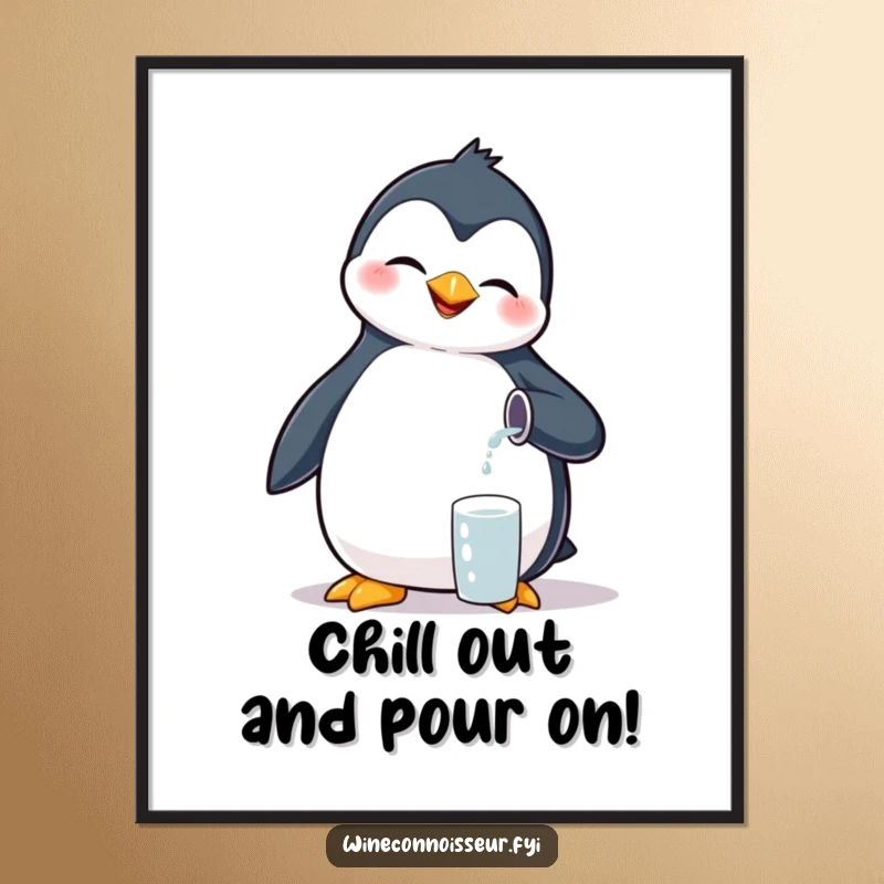 Funny Free Printable Wall Art: A giggling penguin meticulously pours a tiny drop of liquid, bringing adorable and humorous energy to your room.