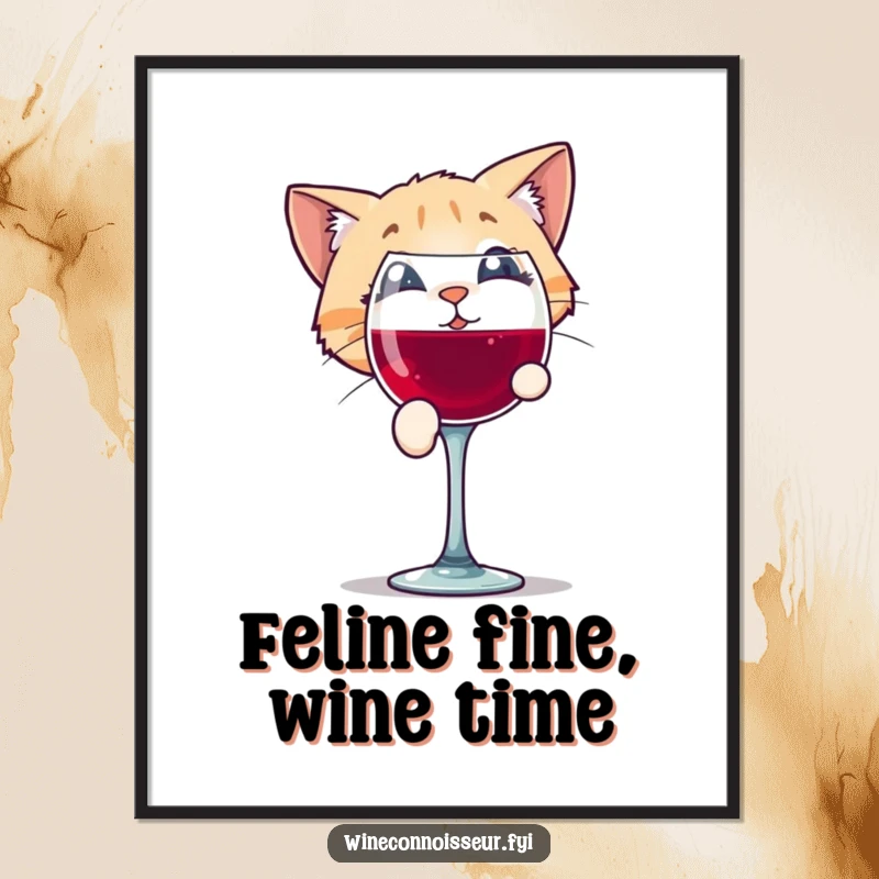 Funny Free Printable Wall Art: A playful cat character peering into a wine glass with intrigue, adding downloadable curiosity to any room.