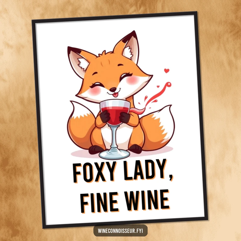Funny Free Printable Wall Art: A smiling fox carefully swirling a goblet of red liquid, sophisticated and humorous downloadable decor.