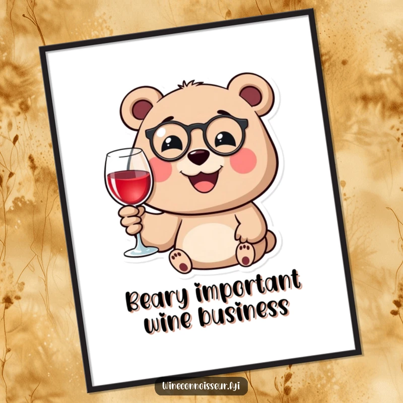 Funny Free Printable Wall Art: A happy bear wearing a monocle holds a wine glass with a smile, elegant downloadable humor.