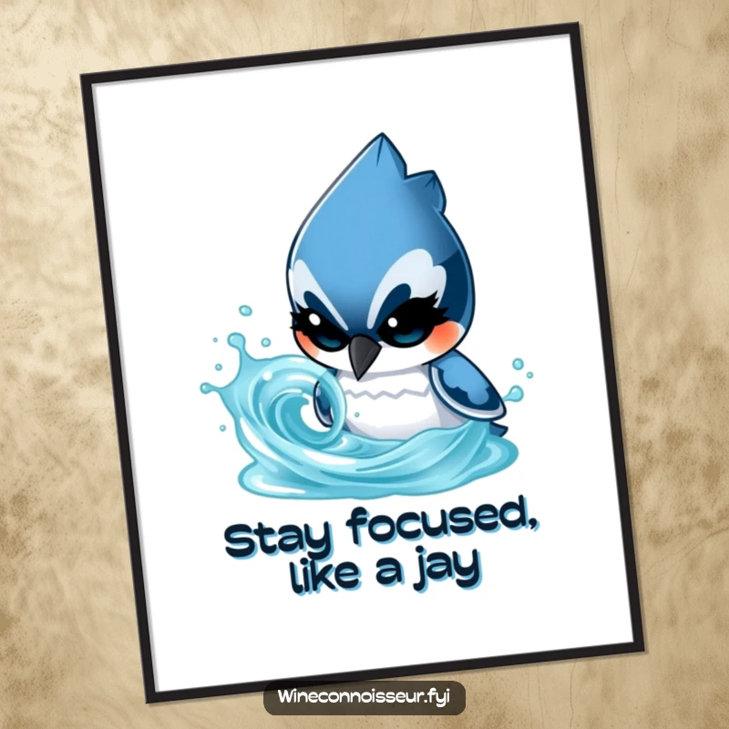 Funny Free Printable wall art of a determined blue jay character with a focused gaze analyzing a swirling liquid, adding a quirky, intellectual vibe.