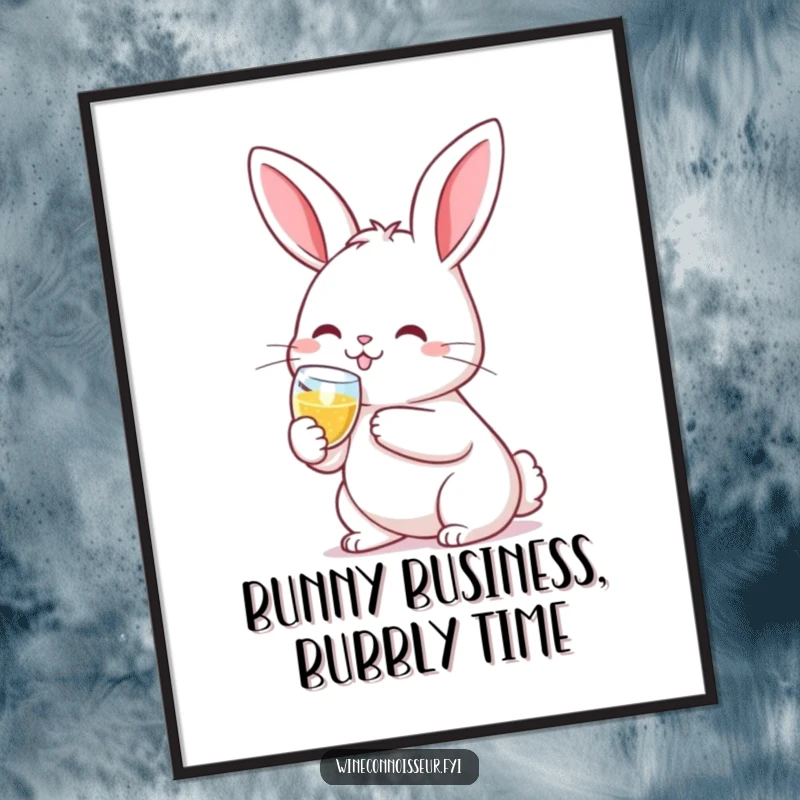Funny Free Printable Wall Art: Kawaii rabbit clinking a tiny champagne flute with a smile, adorable and festive.