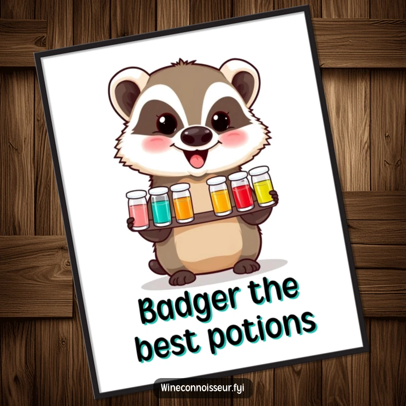 Funny free printable wall art depicting a delighted badger holding a tasting flight of tiny vials, celebrating fine brews.
