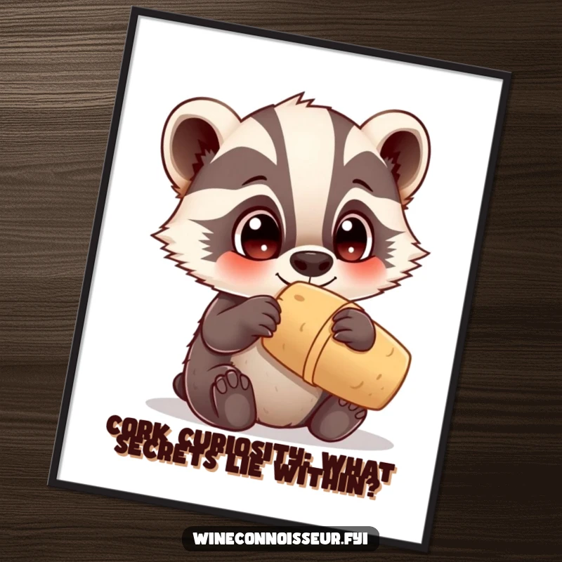 Funny Free Printable Wall Art: Curious Kawaii badger examines a cork with huge eyes, whimsical and funny downloadable art.
