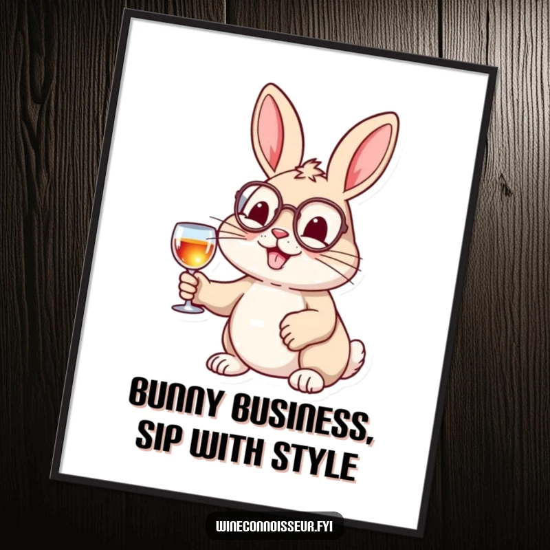 Funny Free Printable Wall Art of a cheerful rabbit wearing a monocle and holding a tiny wine glass, exuding sophisticated humor.