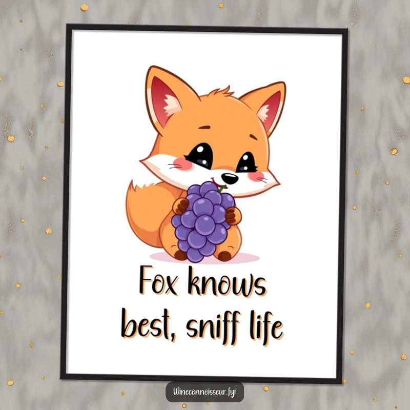 Funny free printable wall art of a cheerful fox with a discerning look, delicately sniffing a single grape.