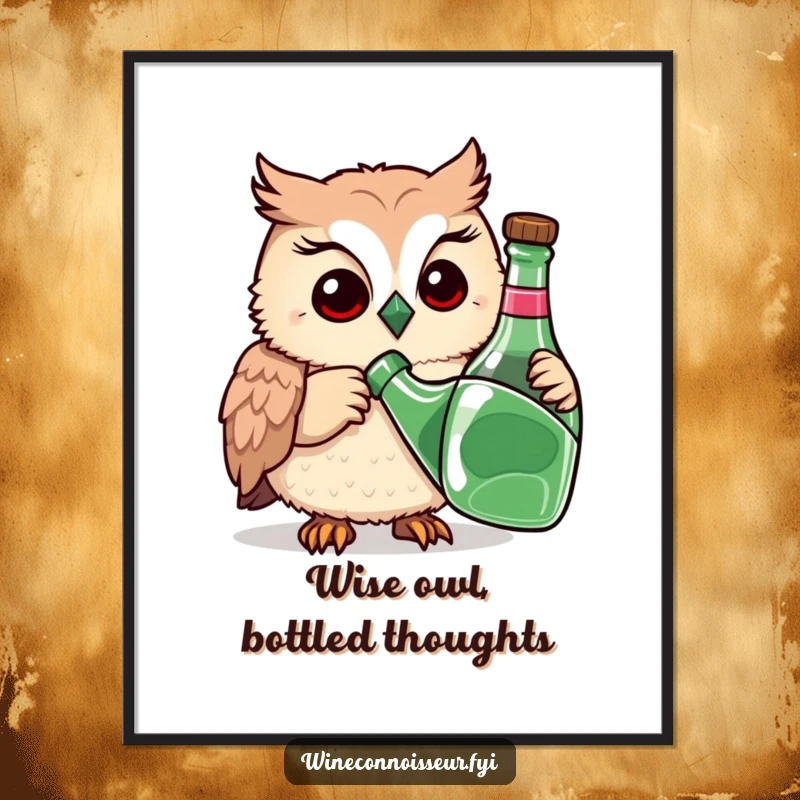 Funny Free Printable Wall Art of a playful owl meticulously sniffing a bottle with a thoughtful expression, adding quirky charm to walls.