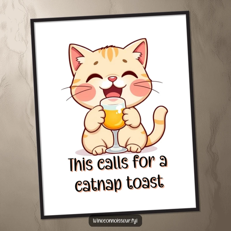 Funny Free Printable Wall Art: A delighted cat character raising a miniature glass, toasting merrily.