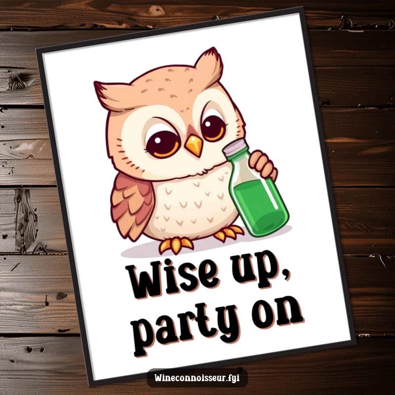 Funny Free Printable Owl Wall Art: A wise owl in spectacles peers intently at a tiny bottle, perfect for a humorous decor accent.
