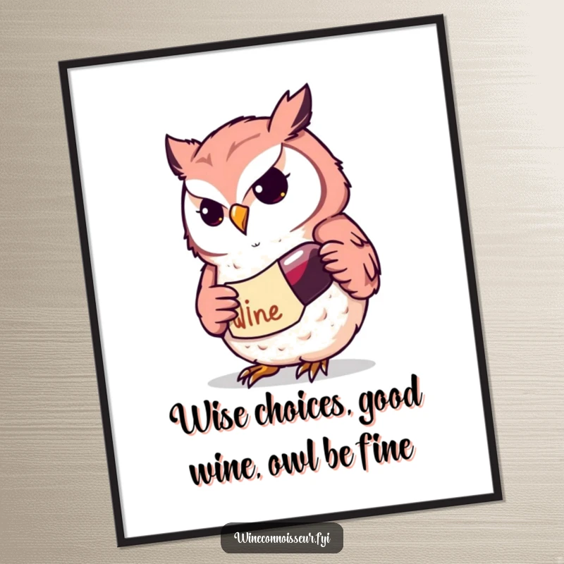 Funny free printable wall art of a determined Kawaii owl character intently studying a wine label, perfect for a wine enthusiast.