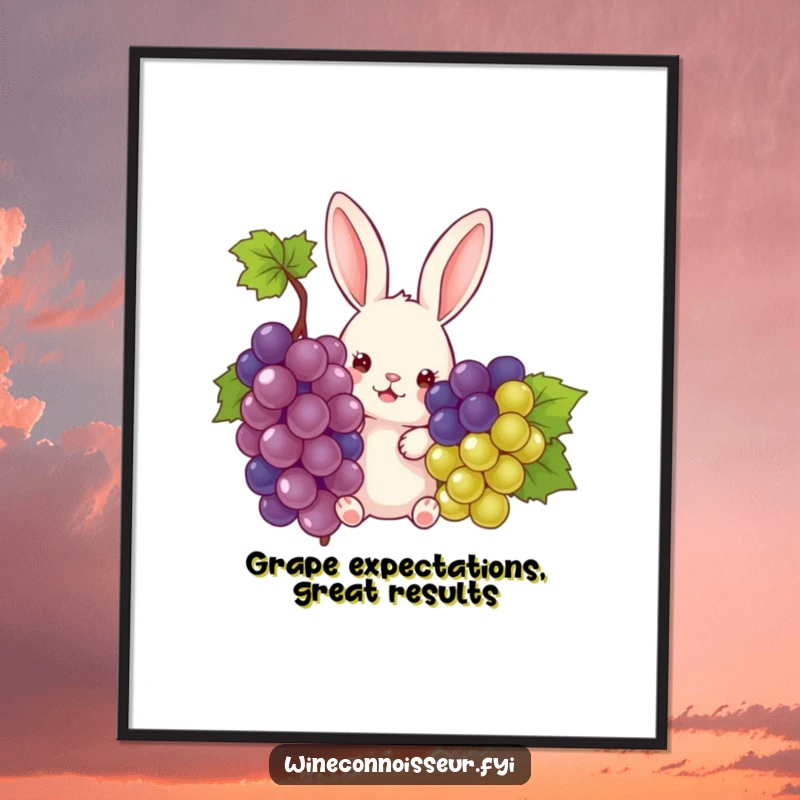 Funny Free Printable Wall Art: Curious rabbit peeking from grapes, adding quirky charm. Downloadable decor.
