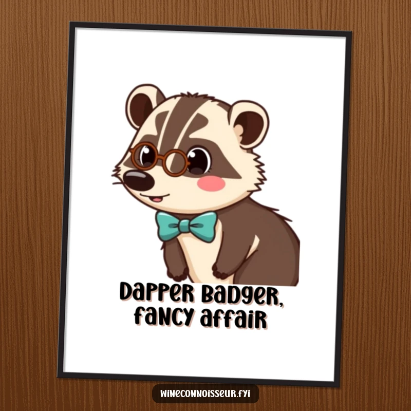 Funny Free Printable Wall Art: Surprised badger wearing a monocle and bow tie, exuding dapper charm, elegant downloadable art.
