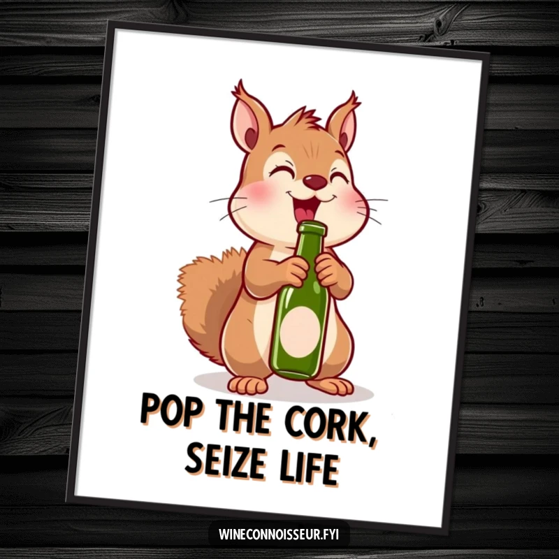 Funny Free Printable Wall Art: Adorable kawaii squirrel with wide eyes excitedly uncorking a miniature bottle. Playful and energetic.