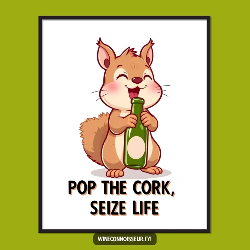 Funny Free Printable Wall Art: Excited Kawaii Squirrel Uncorking for Playful Decor