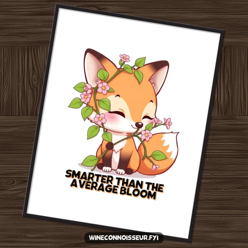 Funny Free Printable Wall Art: Curious fox joyfully sniffing a blooming vine, depicting nature's delight, whimsical downloadable art.