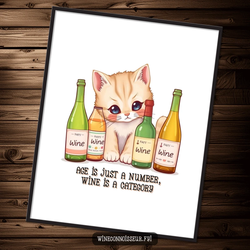 Funny Free Printable Wall Art: A curious kitten peering inquisitively at labels on miniature wine bottles, a downloadable piece of art.
