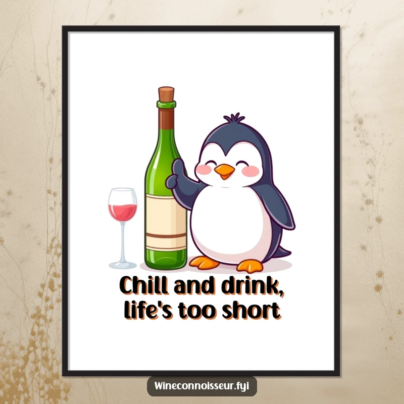 Funny Free Printable Wall Art: A contented penguin giving a thumbs up enthusiastically next to a wine bottle, a cool downloadable piece.