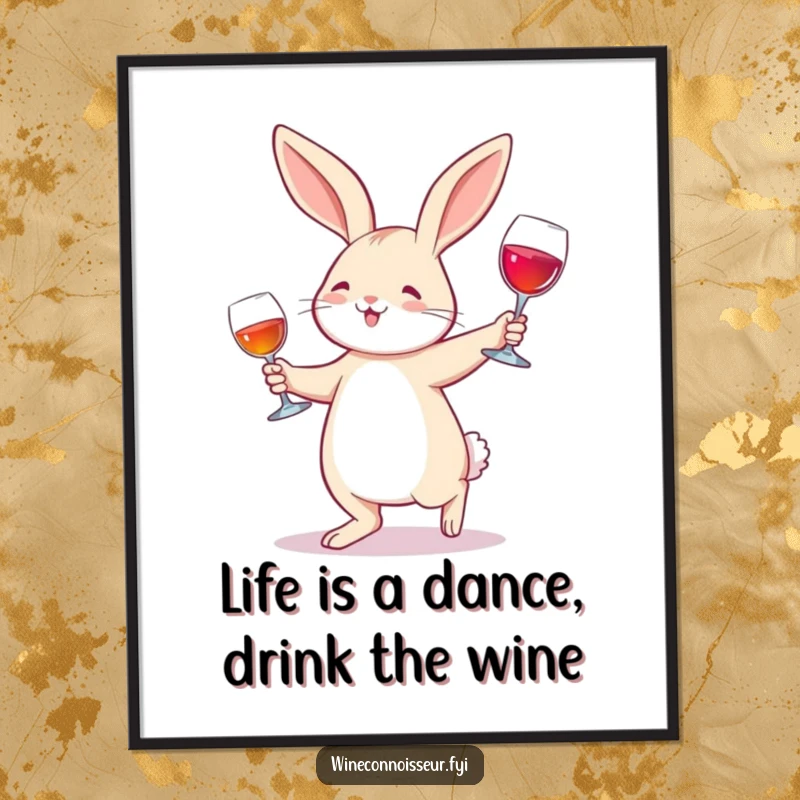 Funny Free Printable Wall Art: A joyful rabbit performing a graceful waltz with a wine glass, a whimsical downloadable piece.