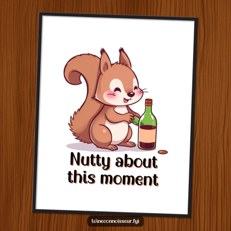 Funny Free Printable Wall Art of a playful squirrel character attempting to uncork a miniature wine bottle, adding a festive touch.