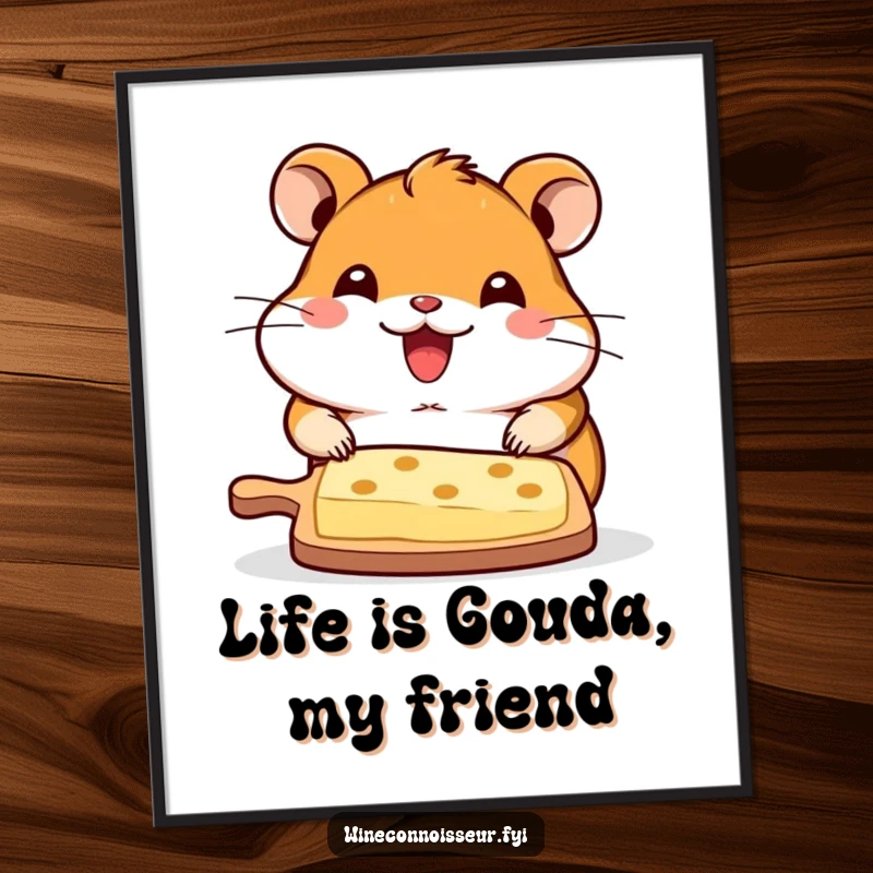 Funny Free Printable Wall Art: A kawaii hamster proudly presents a cheese board with a huge, delighted smile.