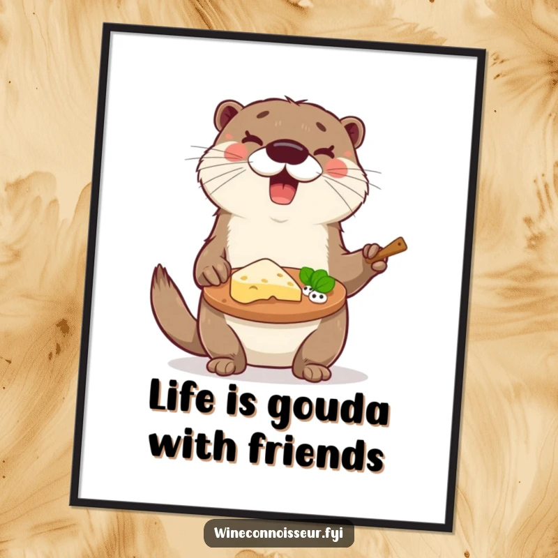Funny Free Printable Wall Art: An otter delights in presenting a cheese platter with elaborate tasting notes, perfect for kitchens.