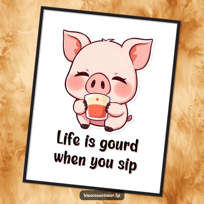 Funny Free Printable Kawaii Pig Wall Art, giggling with eyes closed, savoring a sip, whimsical downloadable decor.