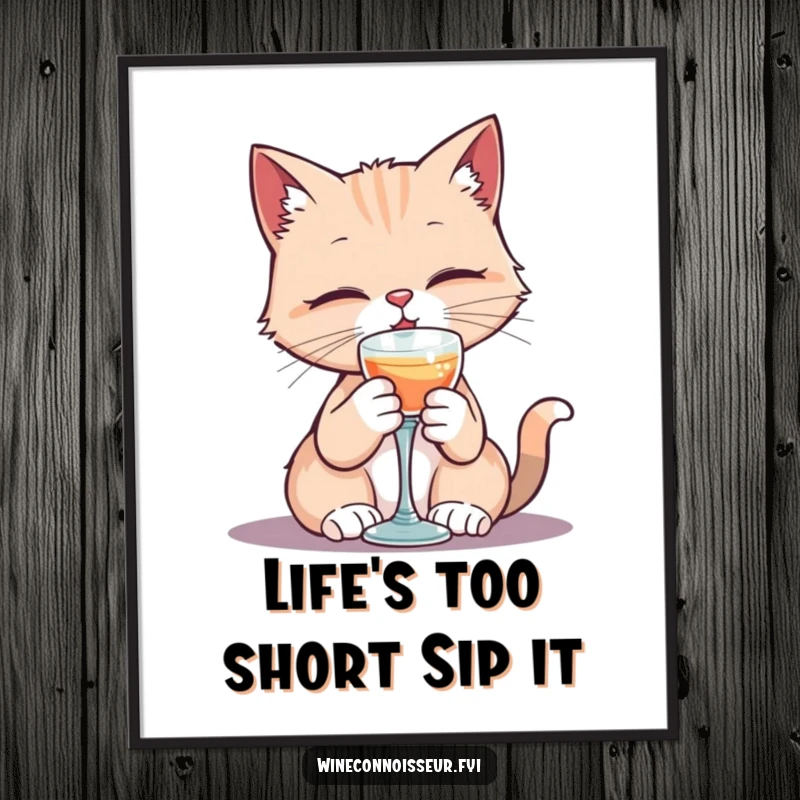 Funny Free Printable Wall Art: A dapper kawaii cat savoring a beverage from a tiny goblet. Adds charm and humor.