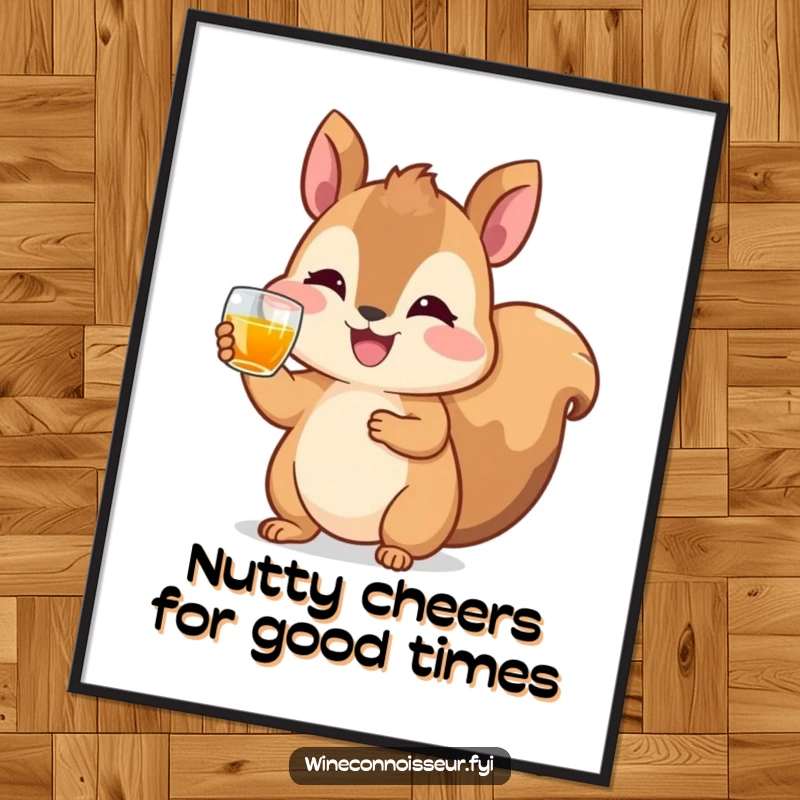 Funny Free Printable Wall Art: Happy squirrel raising a tiny glass of amber liquid in a celebratory toast, festive downloadable art.