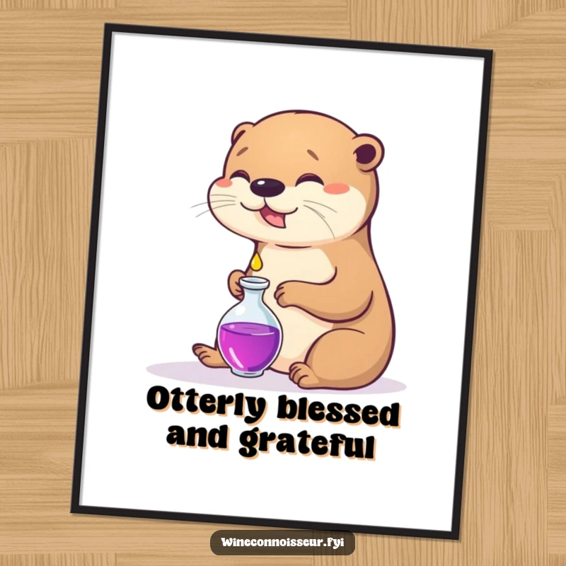 Funny Free Printable wall art of a contented otter carefully pouring a minuscule droplet into a tiny decanter.