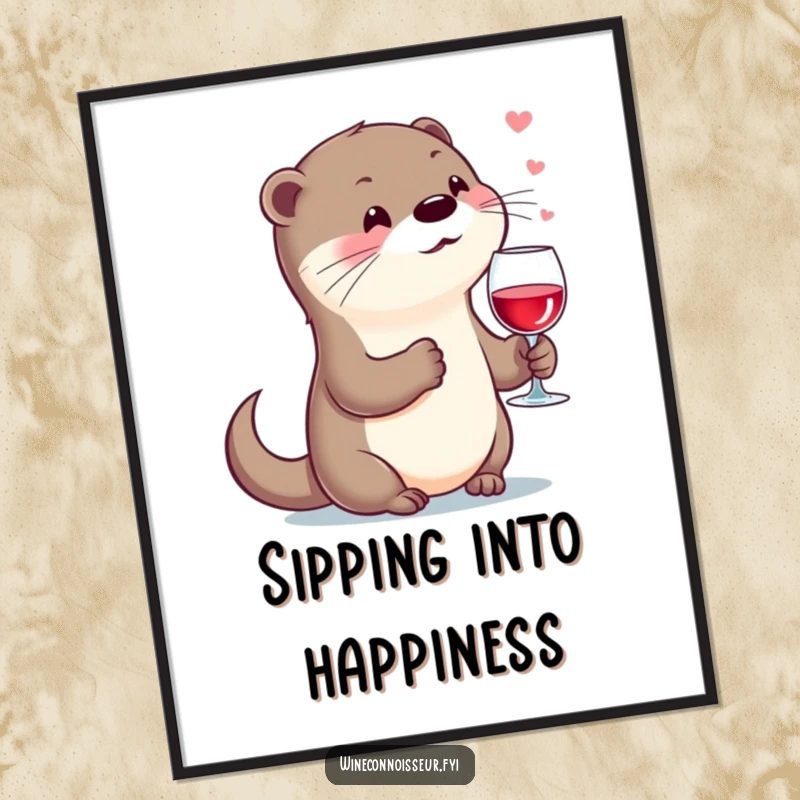 Free Printable Wall Art: A kawaii otter holding a delicate wine glass, sighing with appreciation, exuding sophistication and charm.